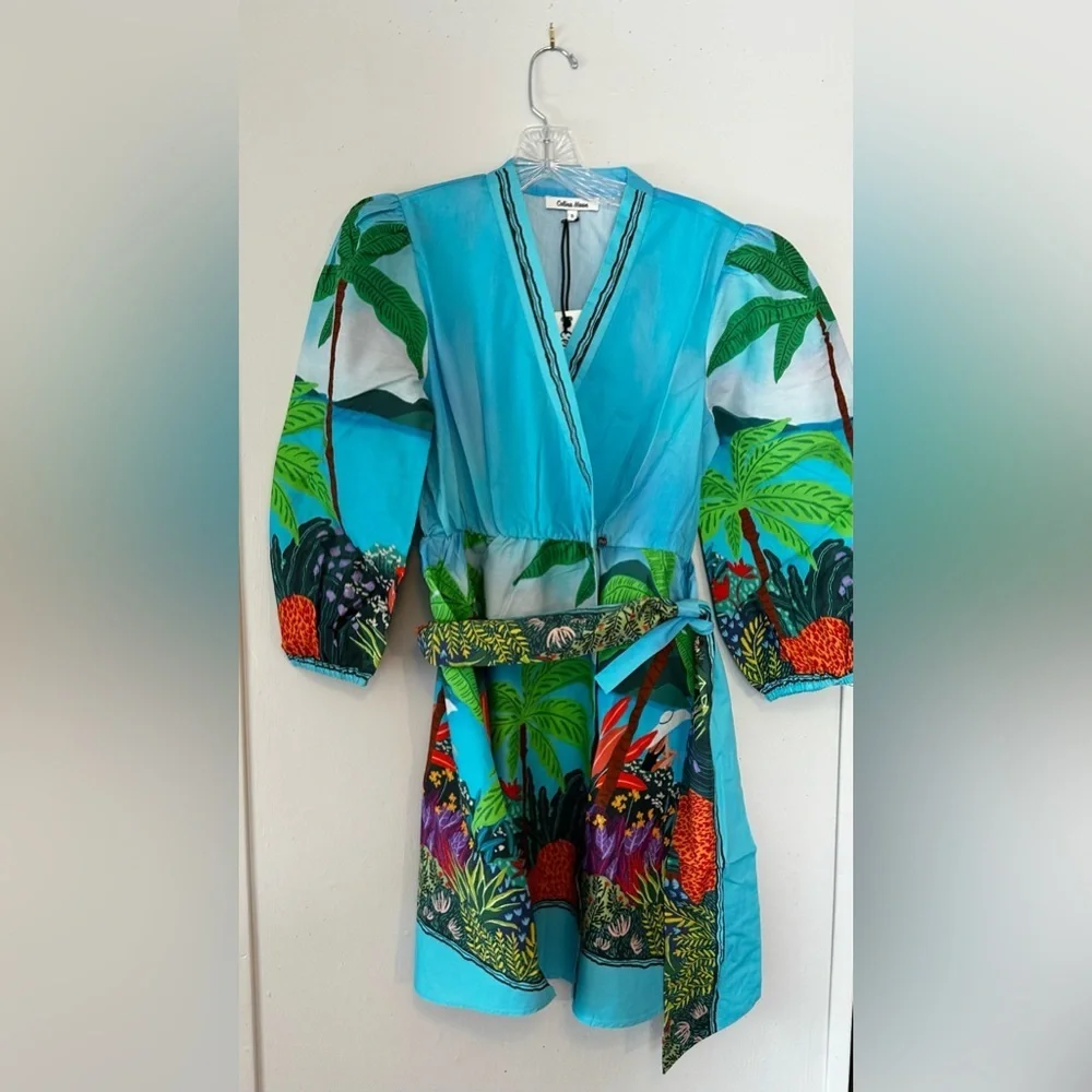 Tuckernuck Celina Moon Wrap Tropical Print Cotton Mini Dress Size Small NWT - Picture 4 of 8